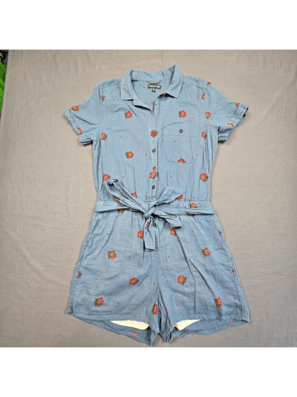 Toad & Co Medium Organic Cotton Button-Up Floral Camp Cove Romper Blue